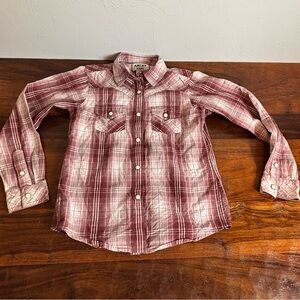 Ariat Real Girls Medium 10 Burgundy Plaid Western Pearl‎ Snap Long Sleeve Shirt